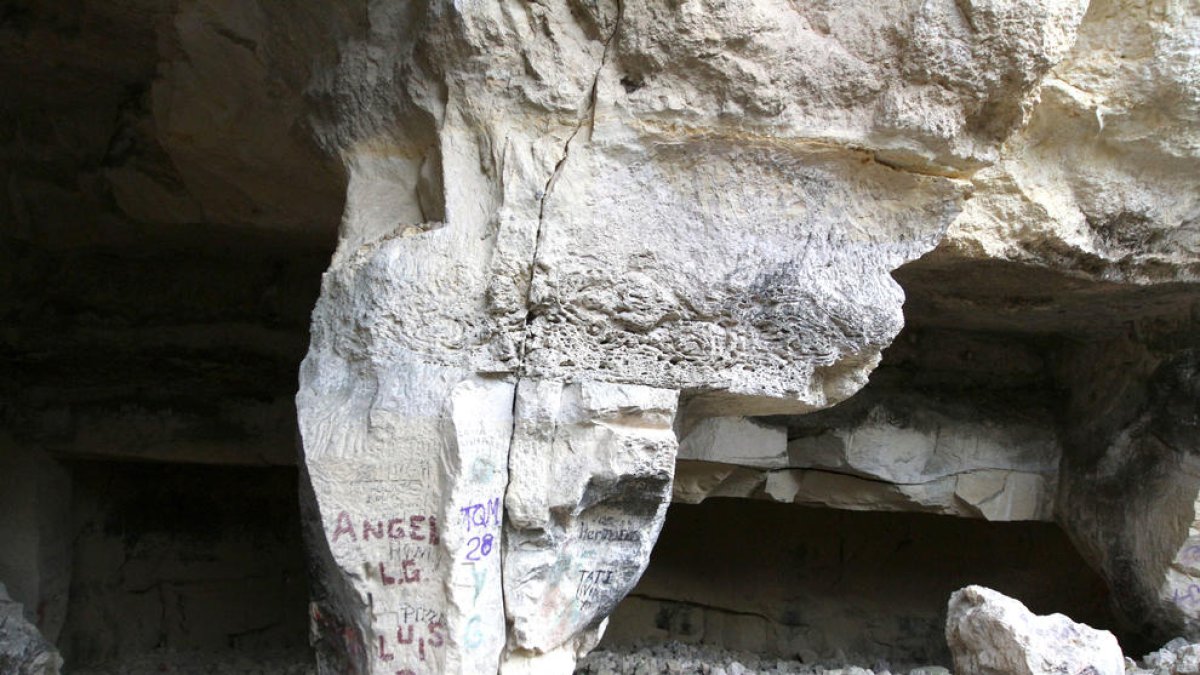 Aspecte que ofereix una de les coves que constitueixen la pedrera romana. A la dreta, la natura gairebé oculta l'accés a una cavitat, alguns carreus dispersos pel terra i pintades i elements realitzats pels picapedrers en una de les Coves del Llorito.