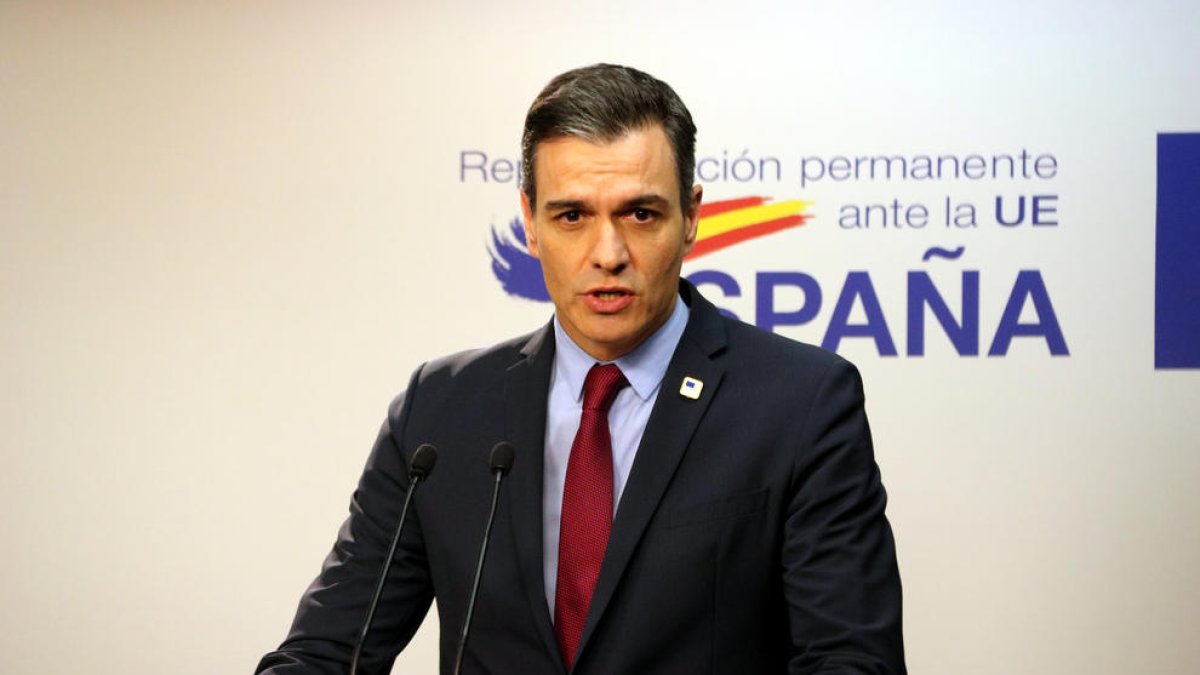 El presidente del gobierno español, Pedro Sánchez, en la rueda de prensa posterior al Consejo Europeo.