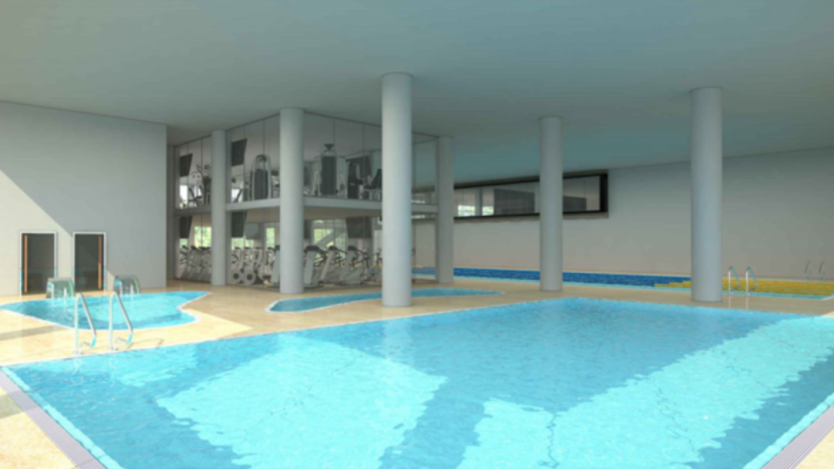 Una recreació virtual de la zona d'aigües del que havia de ser el Centre Aquàtic i de Fitness.