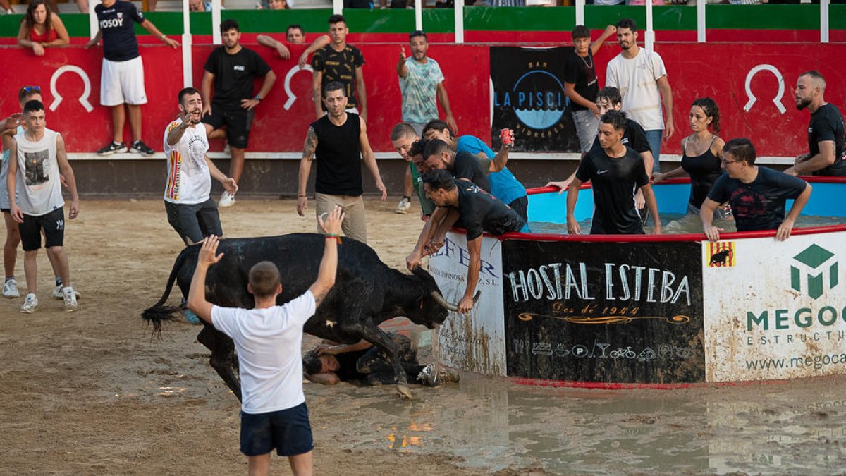 Jóvenes participando en el acto taurino organizado durante la fiesta mayor de Vidreres y denunciado por AnimaNaturalis