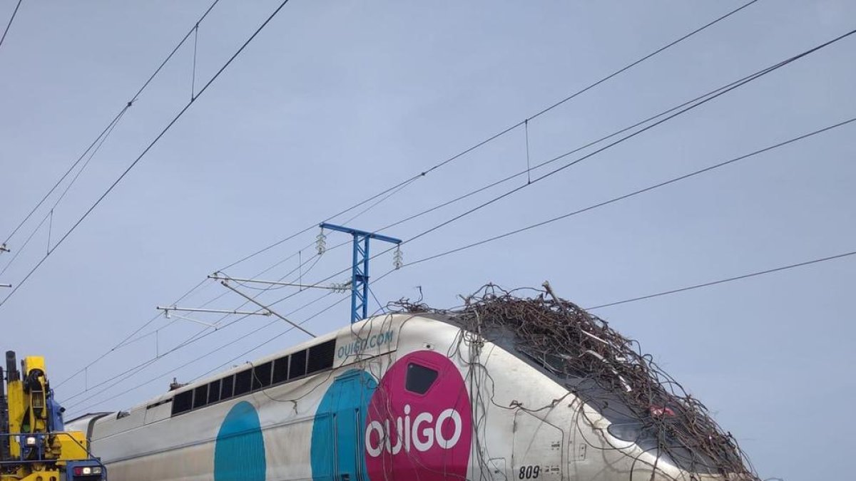 Imatge del tren de OUIGO afectat pel trencament de la catenària.