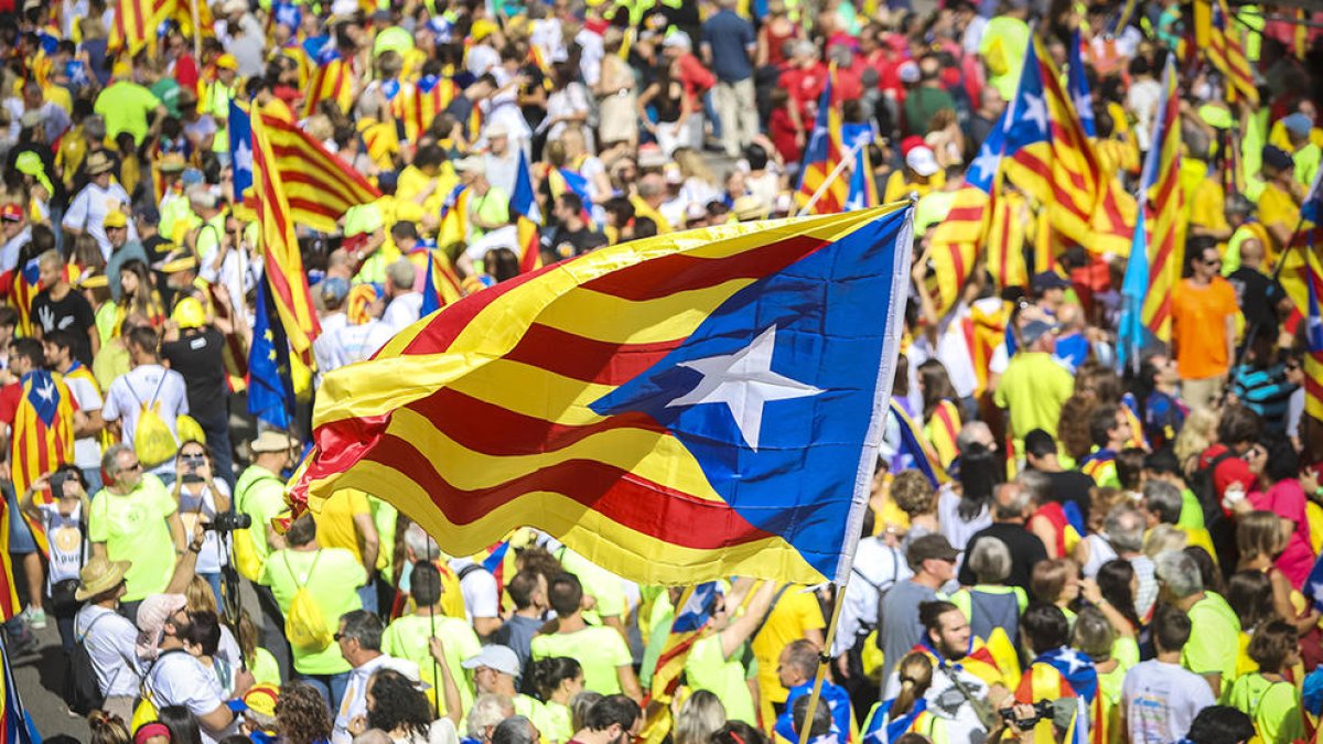 Una estelada en primer terme en un moment de la manifestació de l'11 de setembre del 2017.