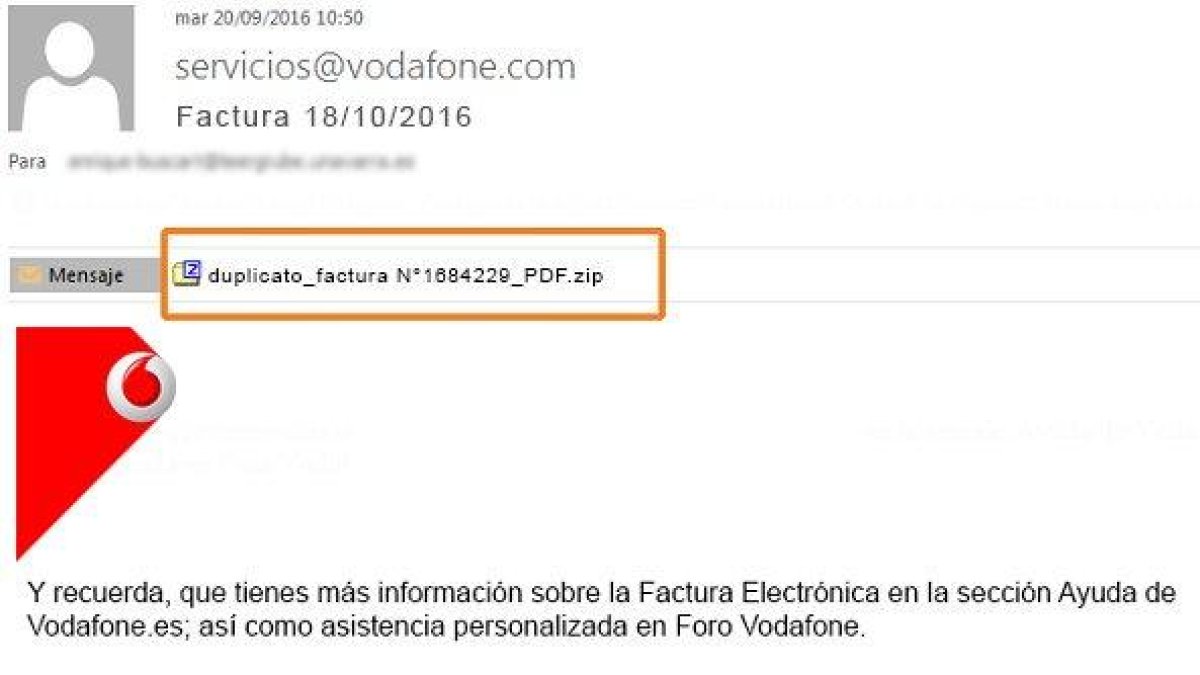 El correu electrònic que simula contenir una factura de Vodafone.
