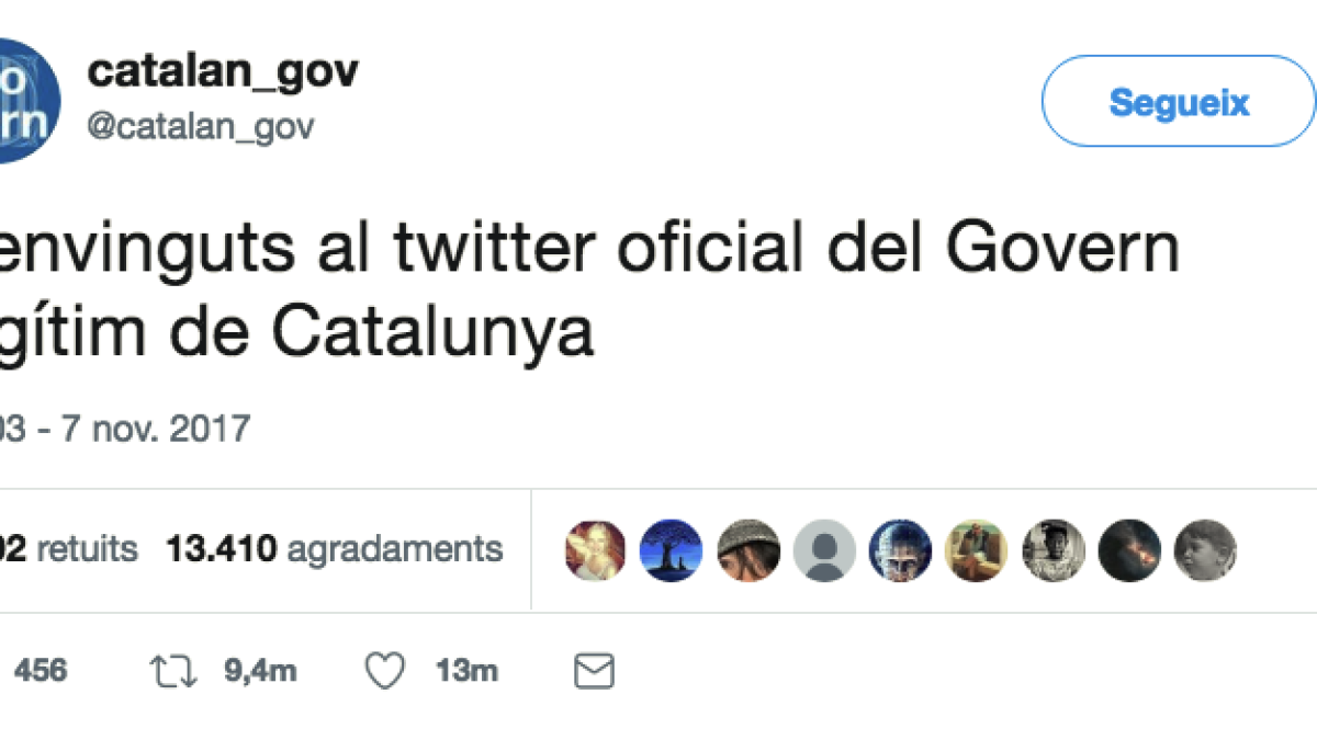 El primer tuit del nuevo Twitter oficial del Gobierno de Puigdemont.