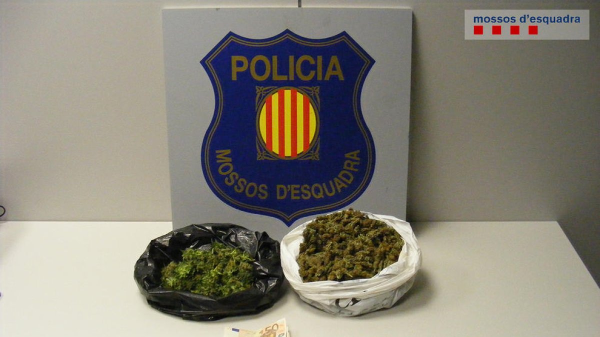 Pla general de les bosses amb marihuana i els diners intervinguts pels Mossos d'Esquadra a un conductor a l'N-420 a Riudecols. Imatge publicada el 14 de febrer del 2017