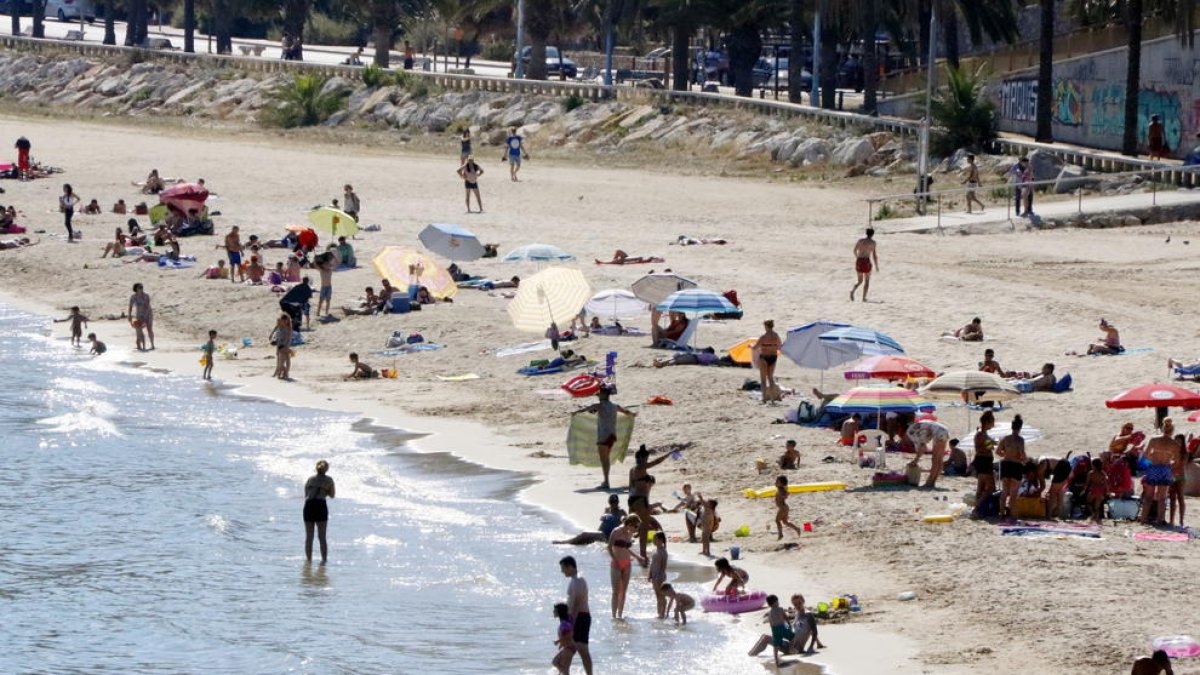 Plan|Plano cerrado de varios bañistas en la playa del Milagro de Tarragona este lunes, 12 de junio del 2017, por la tarde