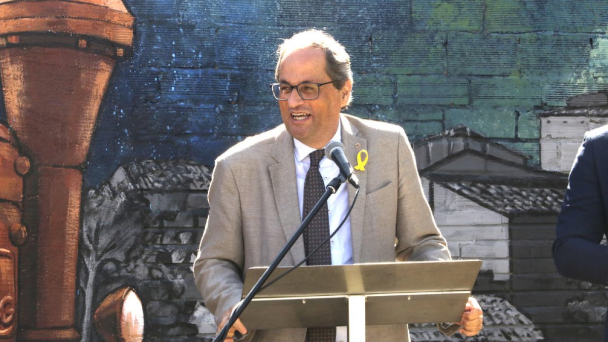El president de la Generalitat, Quim Torra, durant el seu parlament al nou parc U d'octubre de Juneda, inaugurat aquest dissabte.