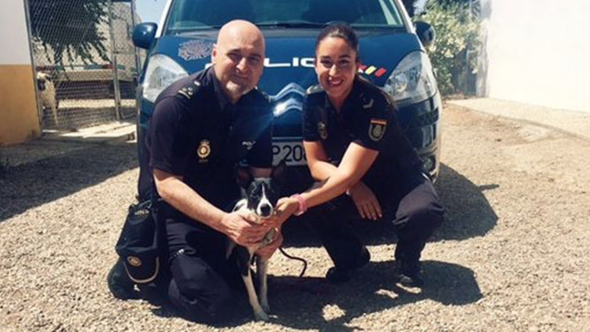 Los agentes con el perro rescatado.