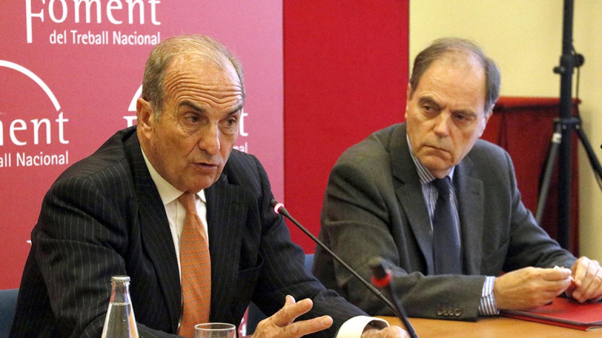 El president de Foment del Treball, Joaquim Gay de Montellà, i el secretari general de la patronal, Joan Pujol.