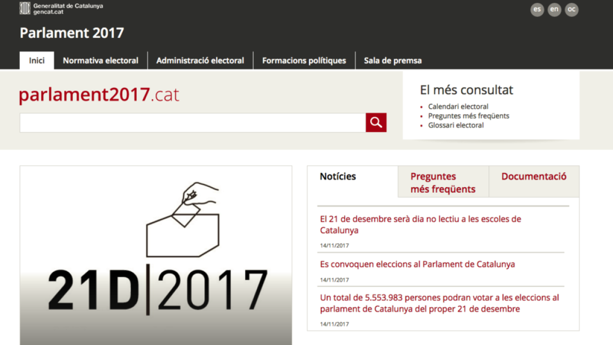 Captura de la web institucional de les eleccions del 20-D.