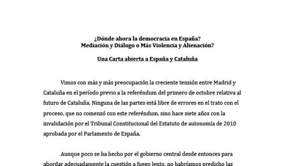 Carta redactada per 24 premis Nobel fent una crida pels conflictes entre Catalunya i Espanya.
