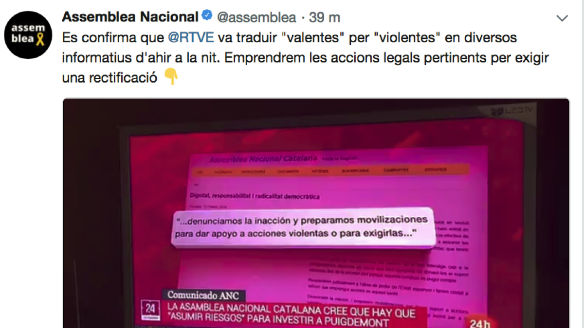 L'ANC acompanya la piulada d'un vídeo de la notícia emesa al canal '24 horas' de RTVE.