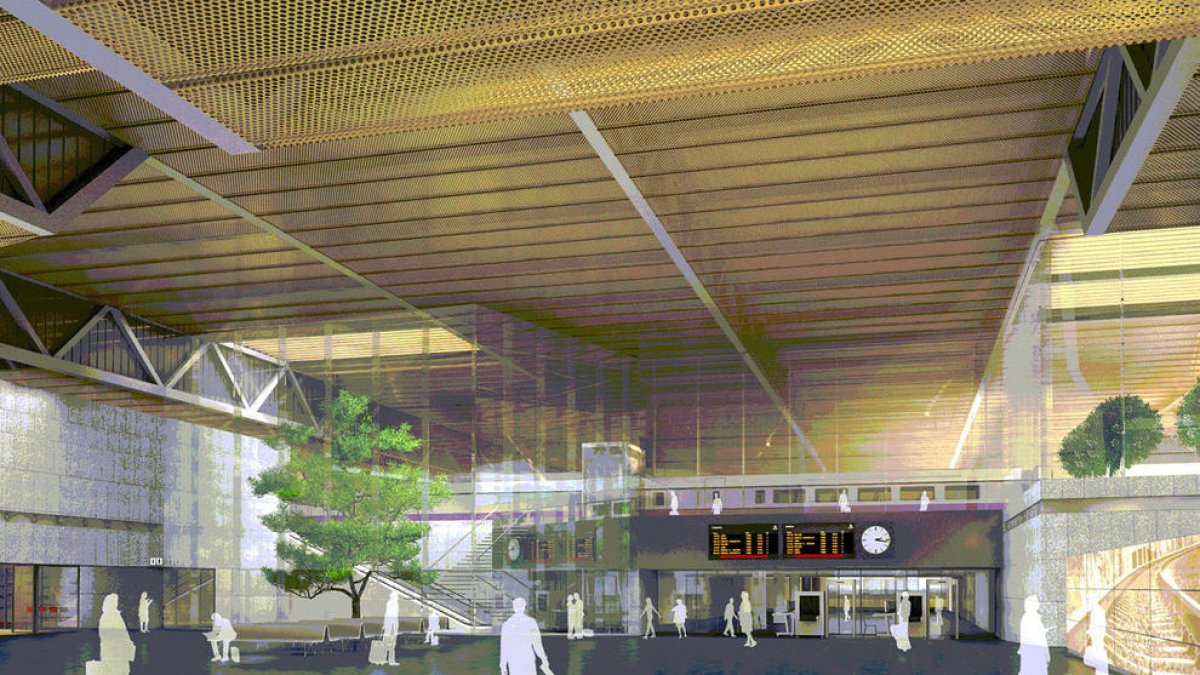 Recreació de l'interior de l'estació que es va preveure inicialment al sud de l'aeroport.