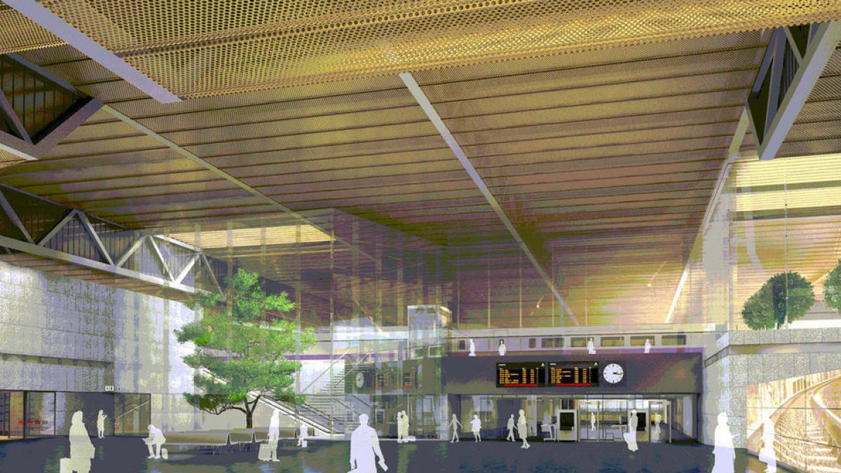 Recreació de l'interior de l'estació que es va preveure inicialment al sud de l'aeroport.