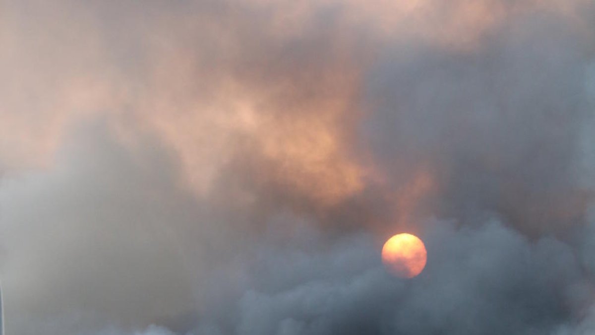 Una columna de fum espès i negre tapa el sol per sobre de la nau del Grup Balfegó en ple incendi.
