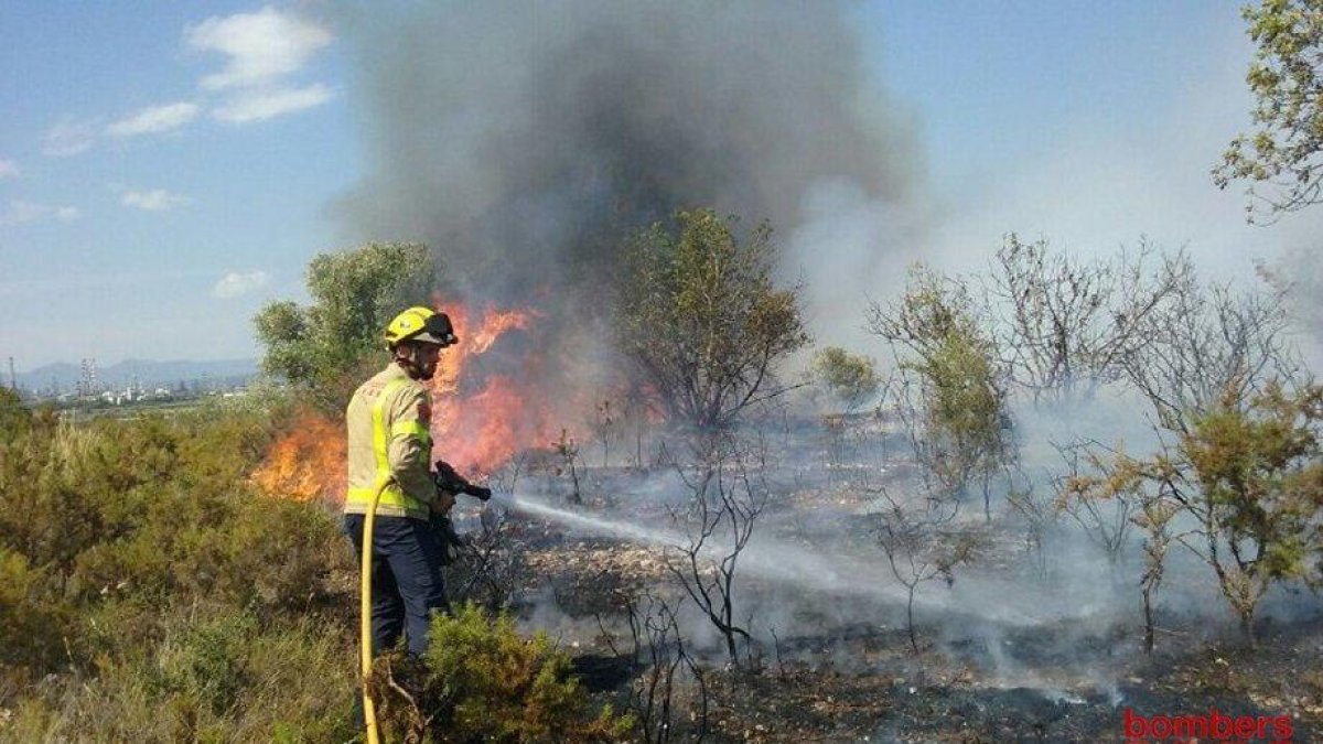 Un bomber treballant per apagar el foc del camp de blat de Constantí.