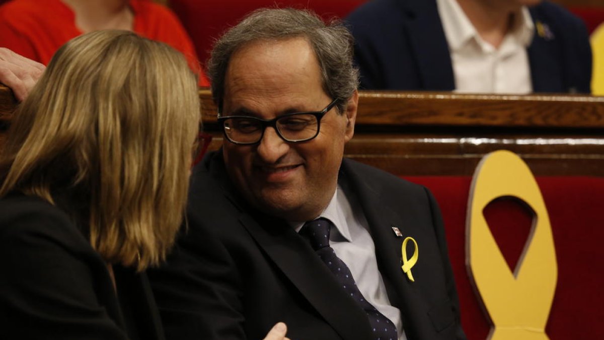 Quim Torra al seu escó aquest dissabte 12 de maig en el debat d'investidura al Parlament.