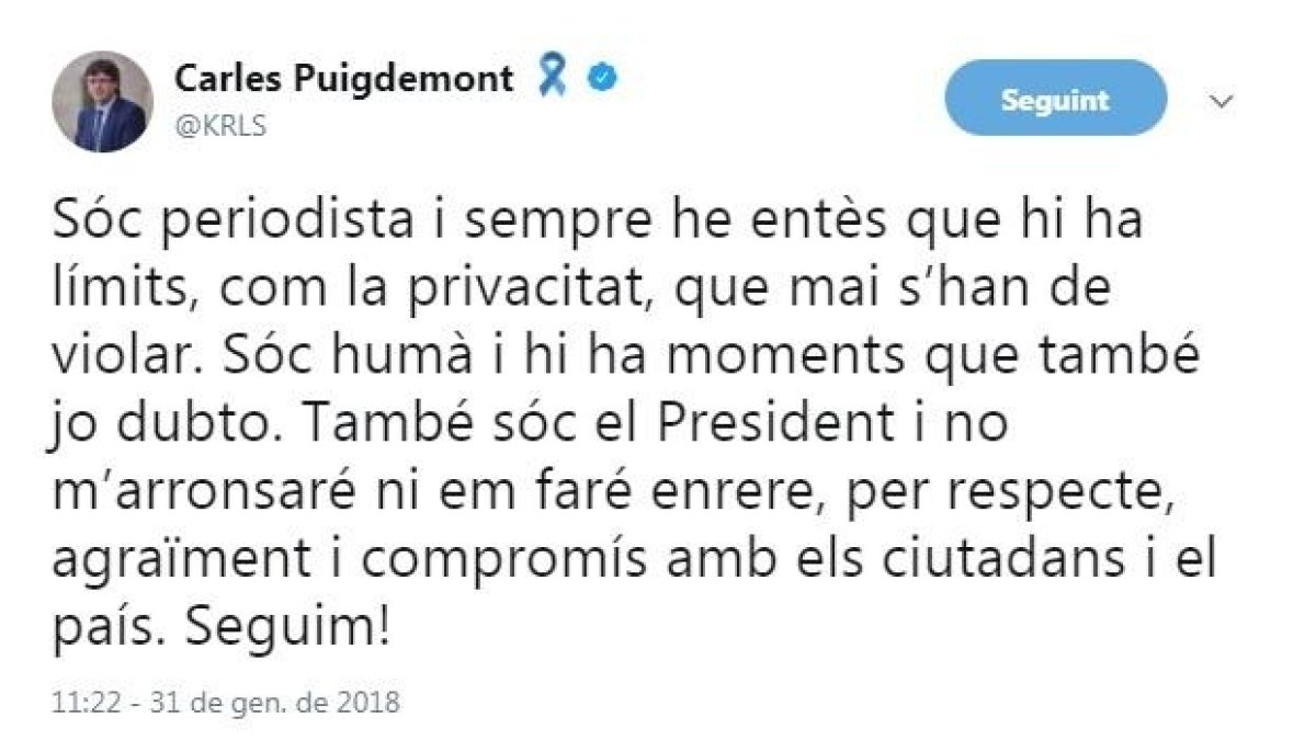 Imatge d'un dels tuits que ha fet Puigdemont aquest matí.