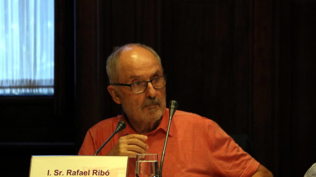 Pla mitjà del Síndic de Greuges, Rafael Ribó, durant la seva intervenció a la comissió del Parlament
