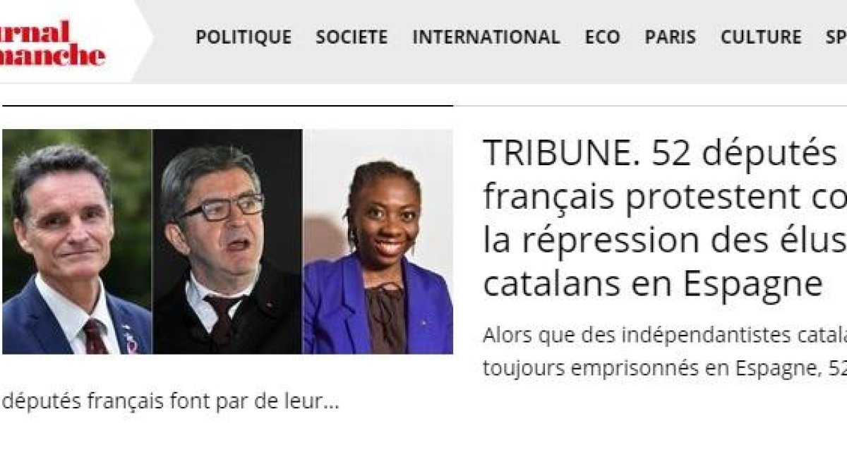 Captura de la tribuna en 'Le Journal lleva Dimanche' en que 52 diputados franceses reclaman el fin de la represión contra los independentistas.