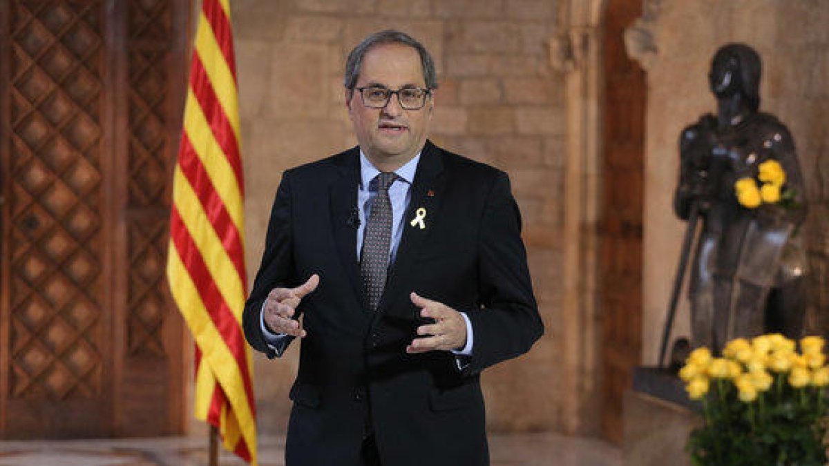 El presidente de la Generalitat, Quim Torra, durante la declaración institucional con motivo de Sant Jordi.