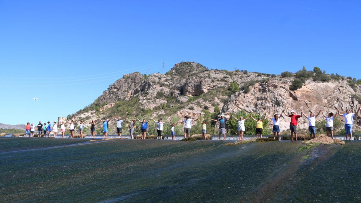 Imatge dels participants en la cadena humana feta a l'Assut de l'Ebre.