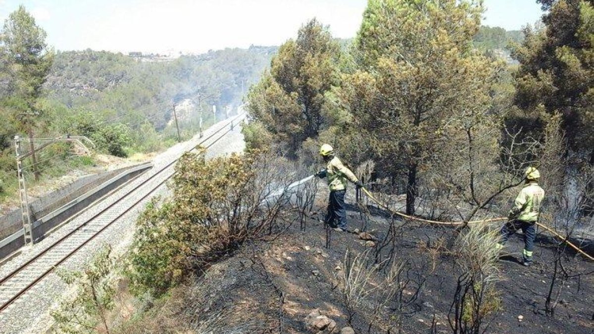 Un bombero trabajando al incendio de Salomó.