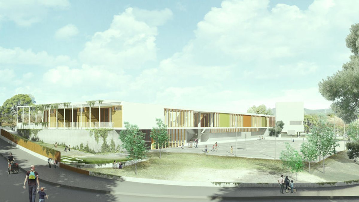 Panoràmica de la façana de la nova escola. Al fons i a la dreta, l'edifici independent de la Biblioteca.