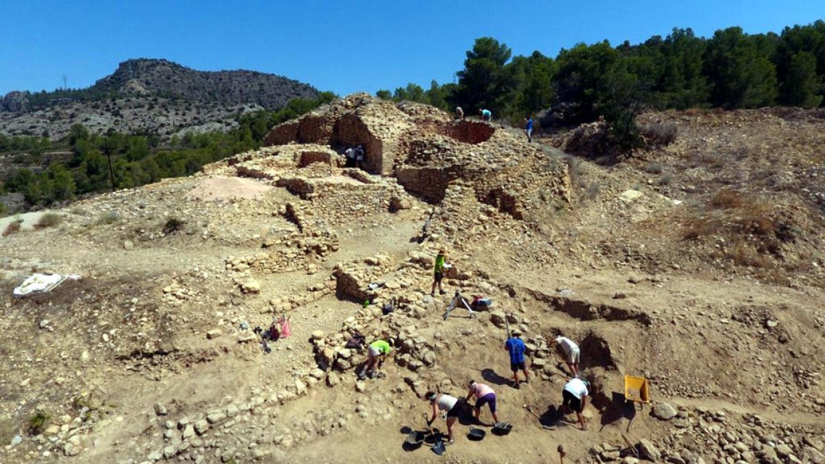 Pla general del jaciment de l'Assut de Tivenys amb els estudiants i arqueòlegs treballant en la vintena campanya d'excavacions. Imatge del 12 de juliol del 2019 (horitzontal)