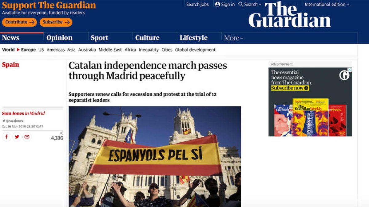 Imagen del artículo de The Guardian sobre la manifestación independentista en Madrid.