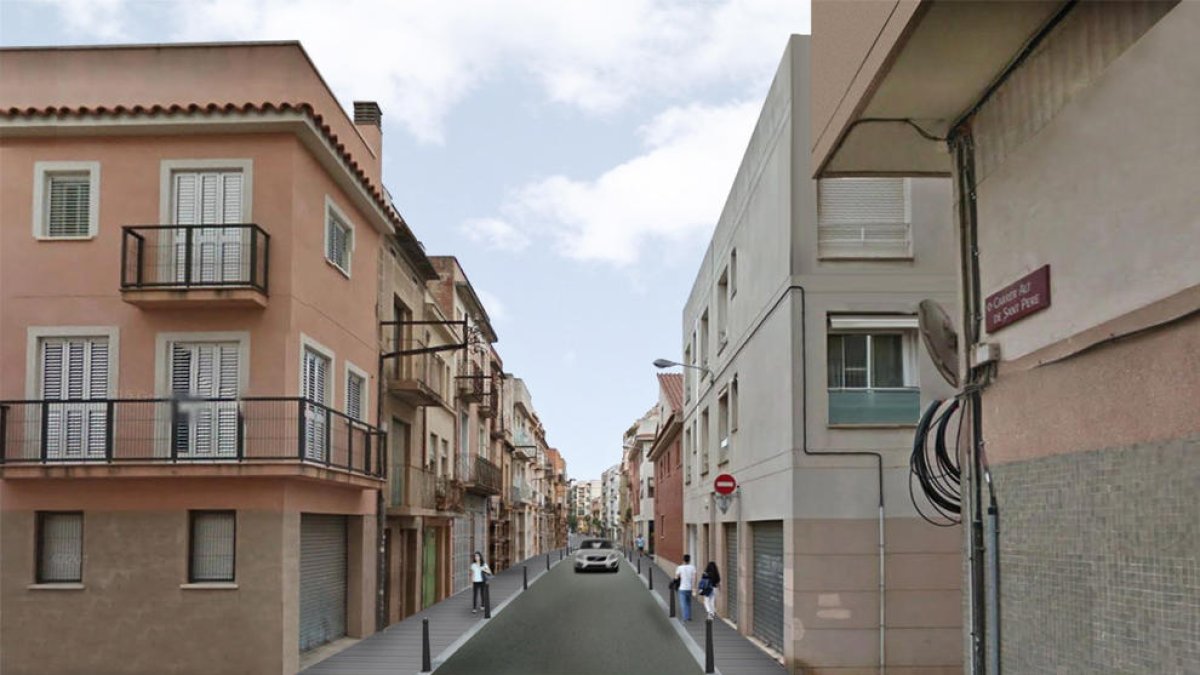 Recreació del carrer Alt de Sant Pere un cop finalitzades les obres de millora.