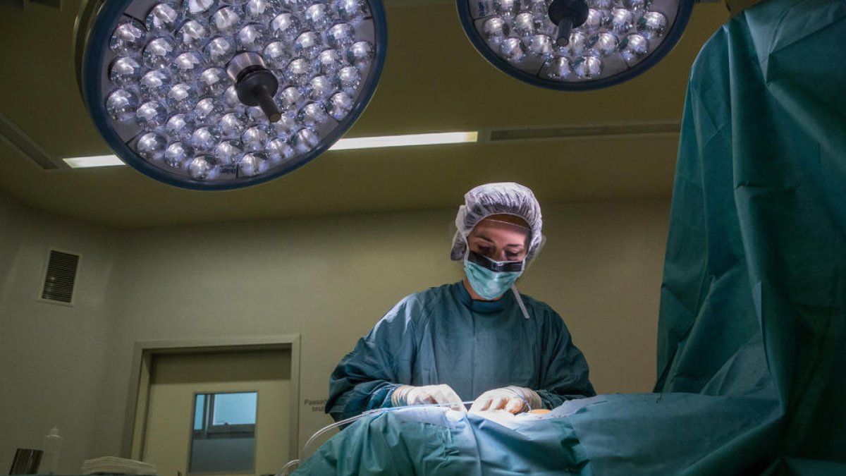 Plano medio de una enfermera haciendo una sutura en una intervención en un quirófano hospitalario.