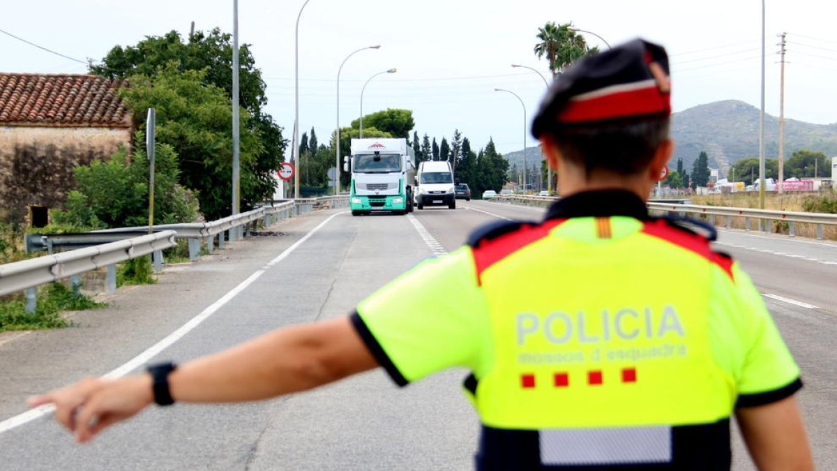 Un camió arribant al punt de control dels mossos a la N-340.