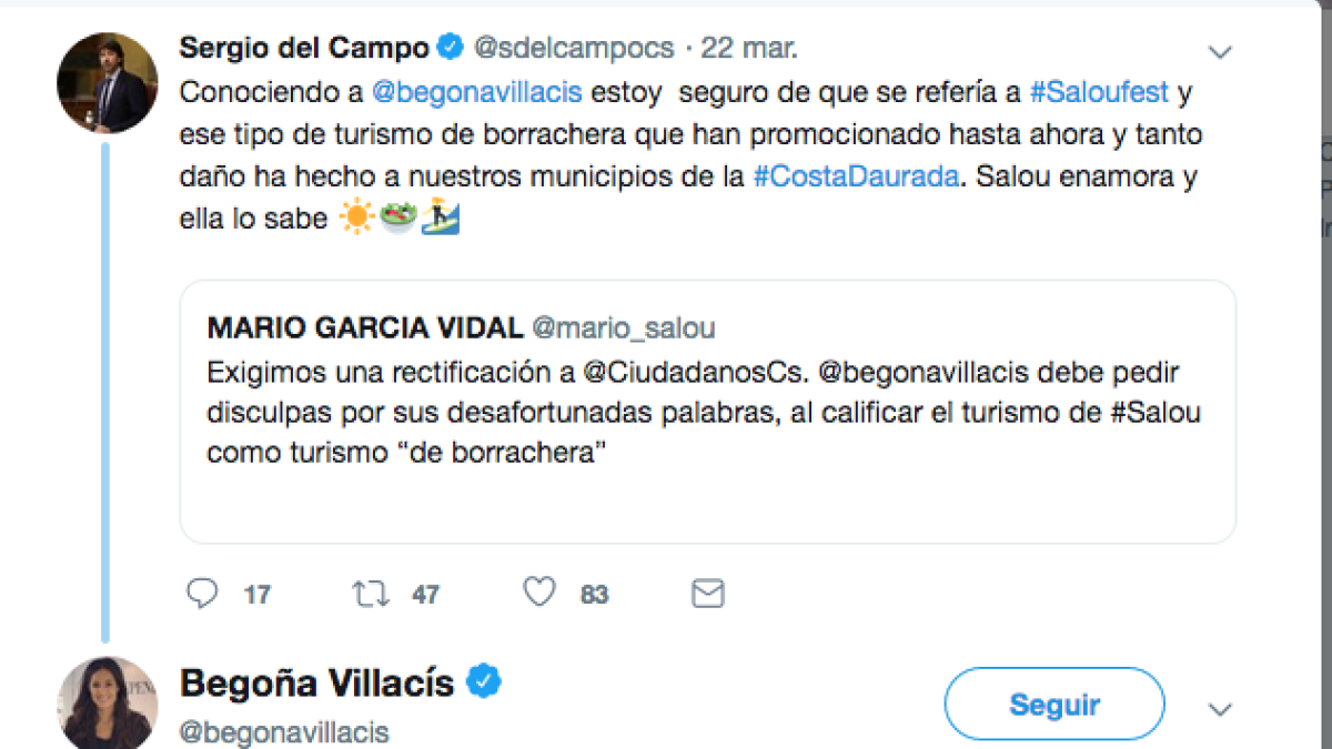 Captura de les piulades de Sergio del Campo i Begoña Villacís.