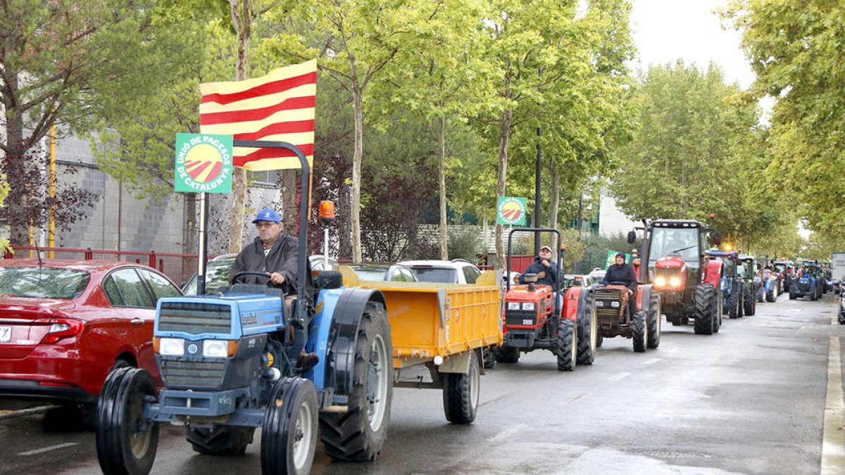 Imagen de archivo de tractores manifestándose por|para los precios bajos de la avellana, a su paso por el polígono Agro-Reos.