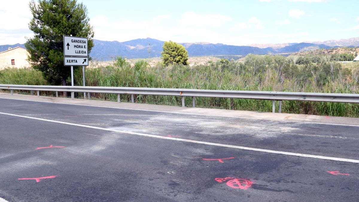 Pla general del punt quilomètric on s'ha produït l'accident mortal causat pel xoc frontal de dos vehicles al terme municipal de Xerta, al Baix Ebre. Imatge del 27 de juliol del 2019 (Horitzontal).