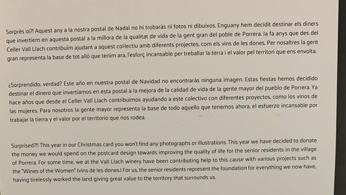 El text que apareix a la felicitació de Nadal del celler Vall Llach.