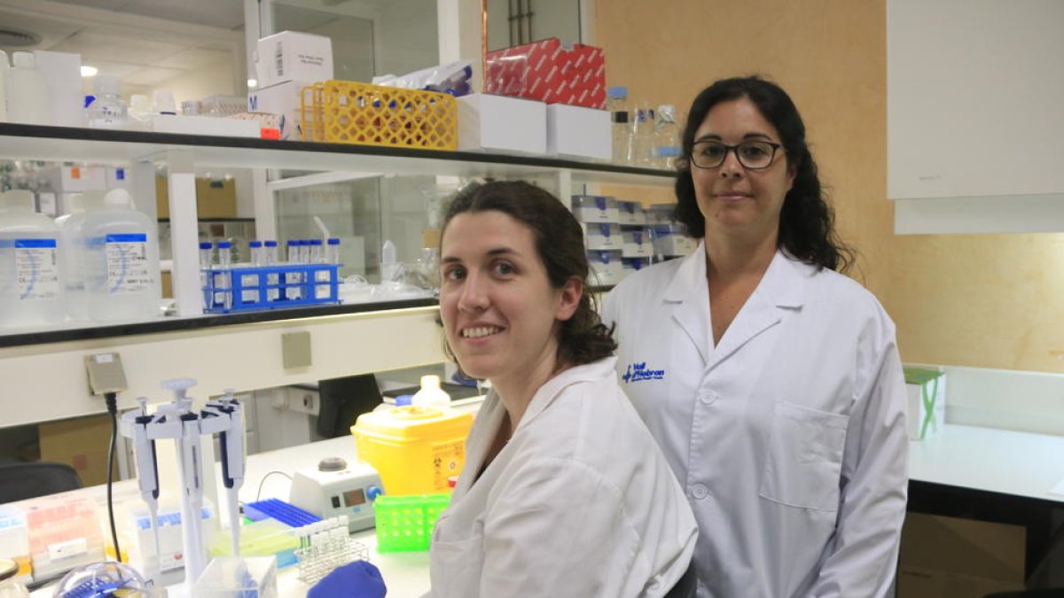La doctora María José Buzón, del Grup de Malalties Infeccioses del Vall d'Hebron Institut de Recerca (VHIR) (dreta), amb una altra investigadora de l'equip, Laura Luque (asseguda), al laboratori.