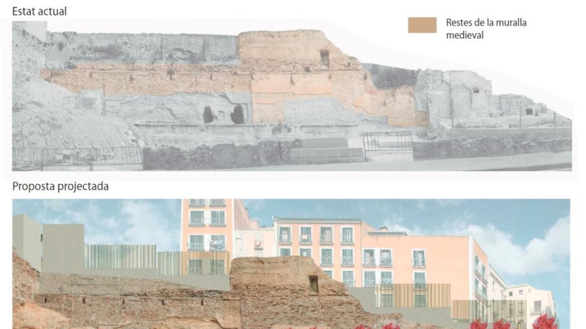 Recreació de l'estat actual i del projecte de reforma de l'àmbit del tram inicial de la muralla de Sant Antoni de Valls. Imatge del 17 d'abril del 2019 (Horitzontal).