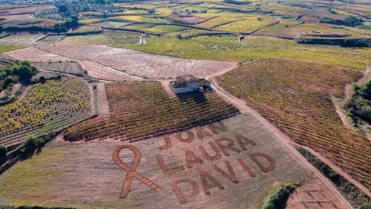 Imagen del mensaje escrito con un tractor en una finca agrícola.