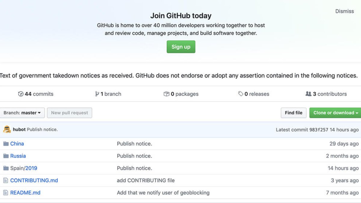 GitHub publica els requeriments que ha rebut, de Rússia, la Xina i Espanya.