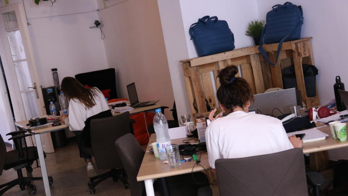 Dues treballadores en una oficina de 'coworking' al districte del 22@, al barri del Poblenou de Barcelona