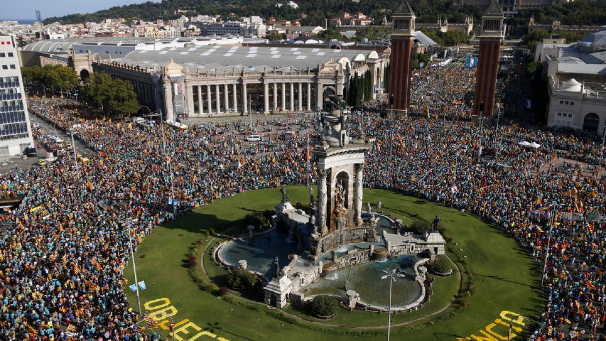 Imagen general de la manifestación de la ANC en la plaza de Espanya el año 2019.