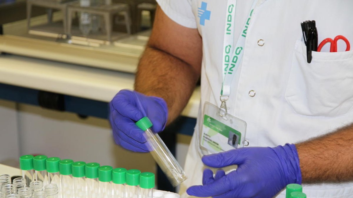 Pla detall d'un sanitari treballant al laboratori clínic de l'Hospital Germans Trias i Pujol de Badalona.