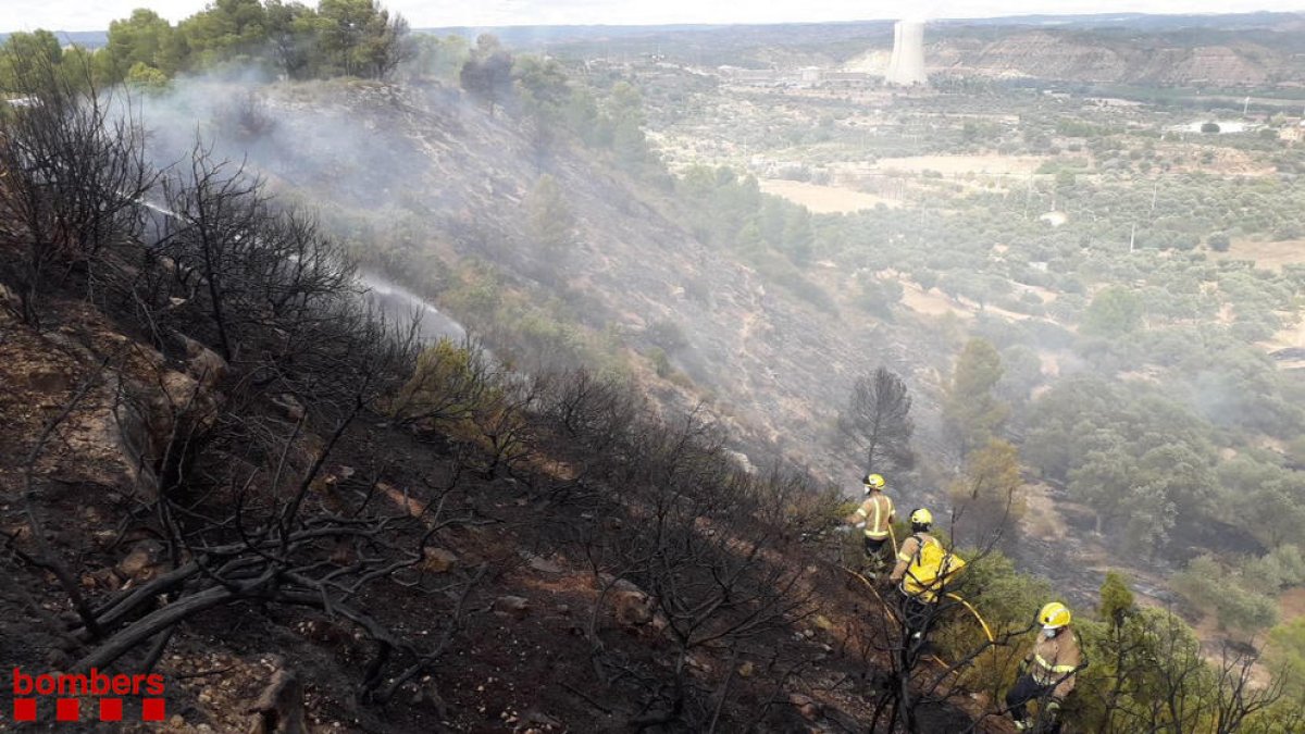 Dos bomberos durante las tareas de extinción.