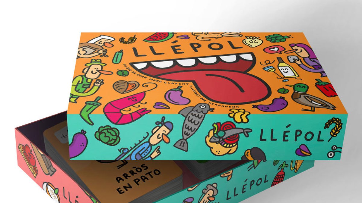 La capsa del joc Llépol que ultimen l'il·lustrador Hernan en H i el dissenyador Joan Marc Clofent i que reivindica expressions i gastronomia ebrenca.