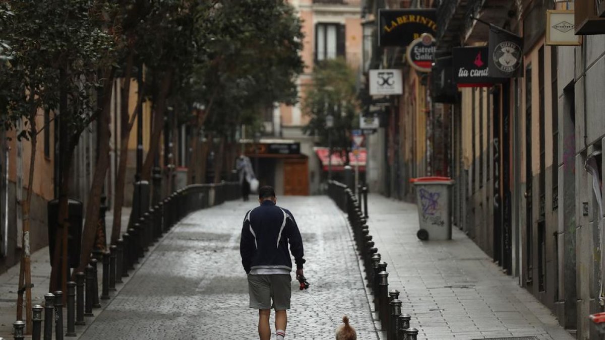 Un home camina amb el seu gos a Madrid