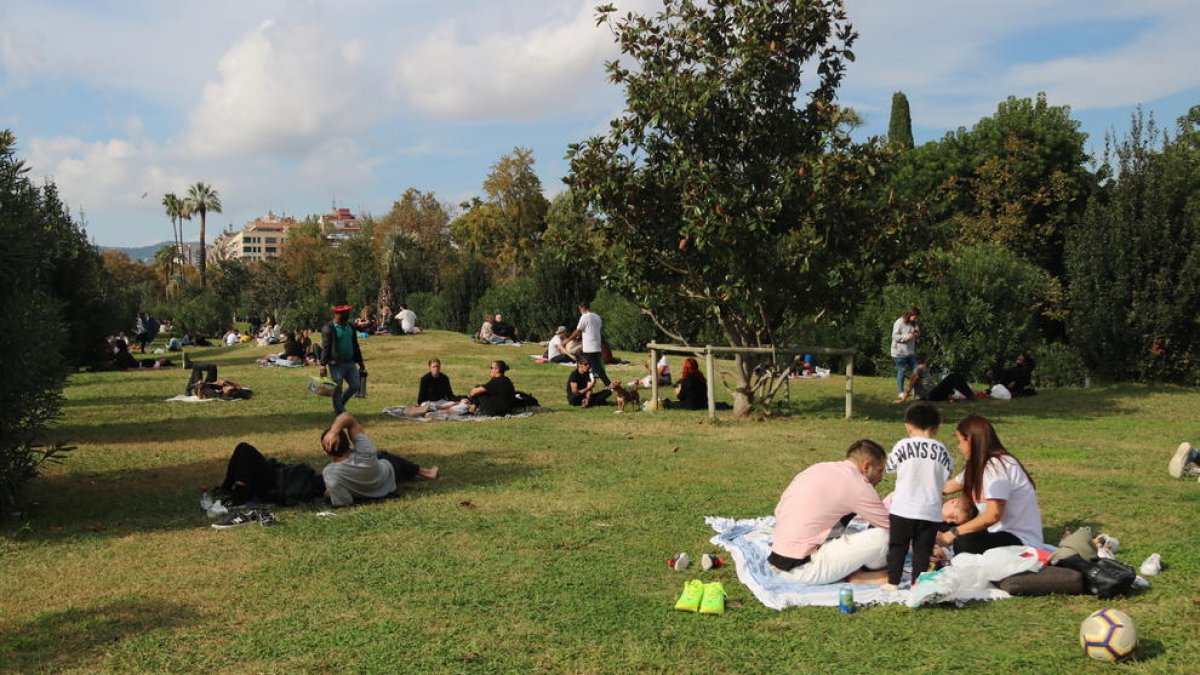 Diversos grups de persones fent pícnics al parc de la Ciutadella de Barcelona