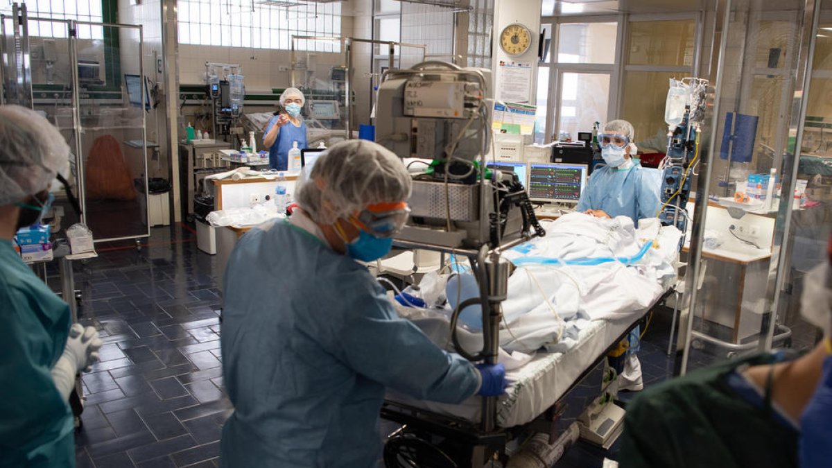 Professionals sanitaris atenent un pacient amb covid-19 en a l'Hospital Clínic de Barcelona.