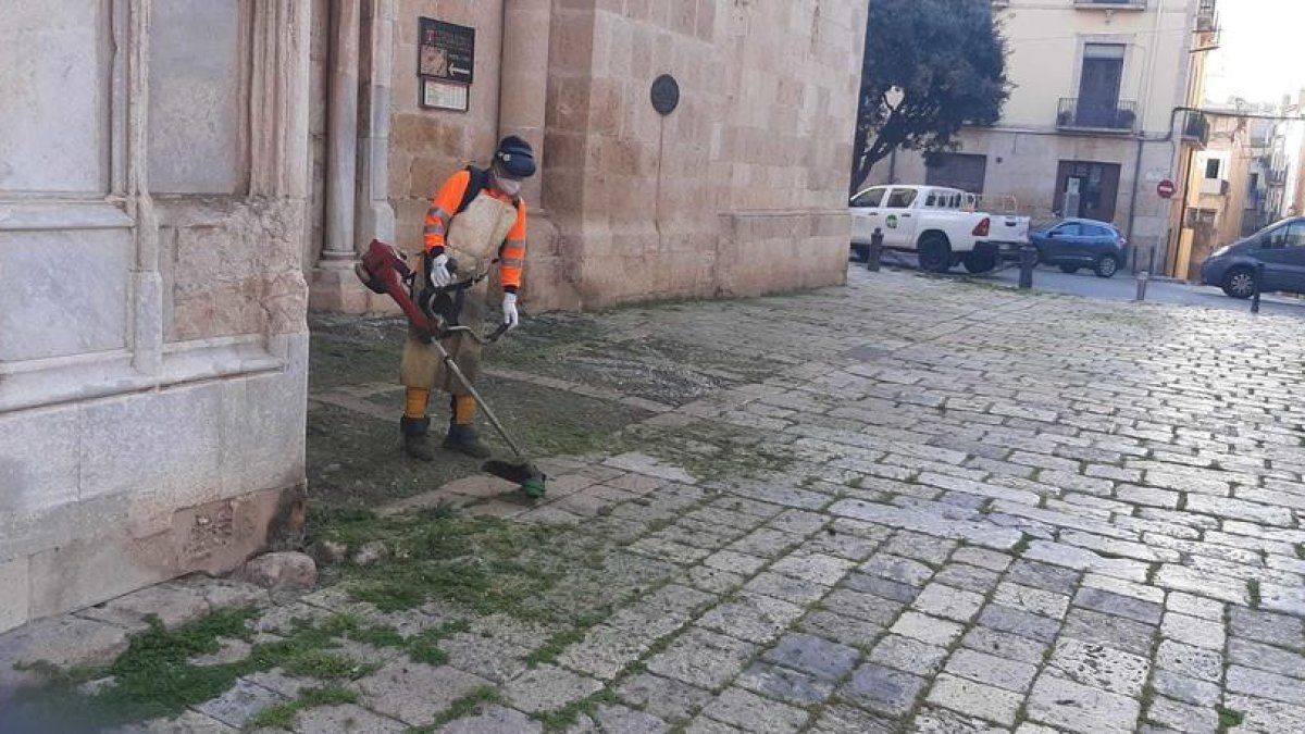 Operarios de FCC limpiando el pla de la Seu.